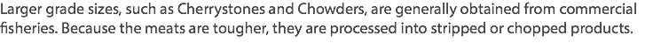 Larger grade sizes, such as Cherrystones and Chowders, are generally obtained from commercial fisheries. Because the meats are tougher, they are processed into stripped or chopped products. 